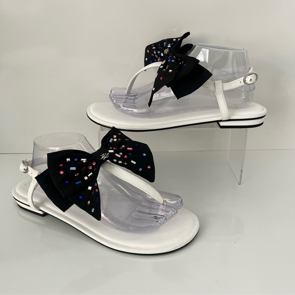 Karl Lagerfeld Paris Cristi Bow Sandals Jeweled T-Strap Flat White Black 9.5